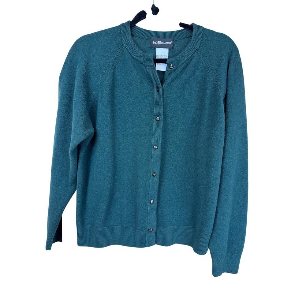 Vintage Hong Kong Y2K Sag Harbor Green Long Sleeve Button Up Raglan Sweater  LG